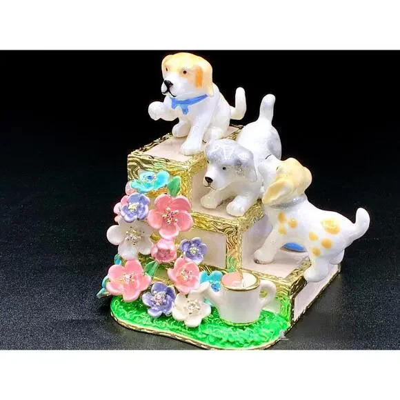 Puppy Dog Trinket Box Enamel Hinged Floral Garden Keepsake Figurine